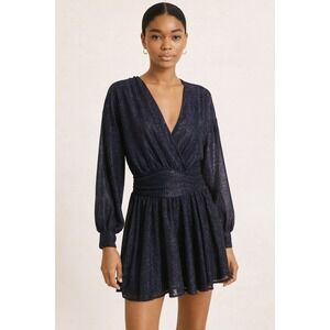 MISA Los Angeles Navy‎ Blue Sparkle Long Sleeve Wrap Mini Dress XS